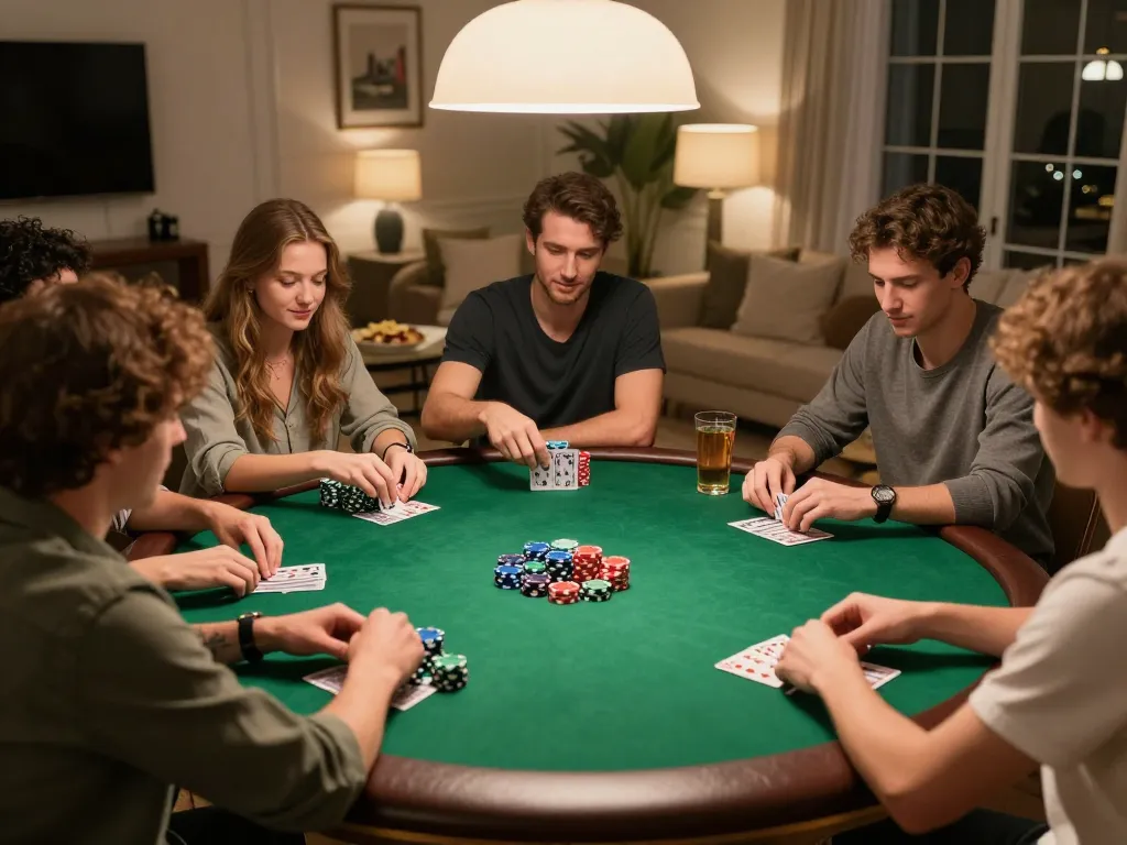 MAY88 players enjoying a lively home poker night with colorful chips and friendly competition