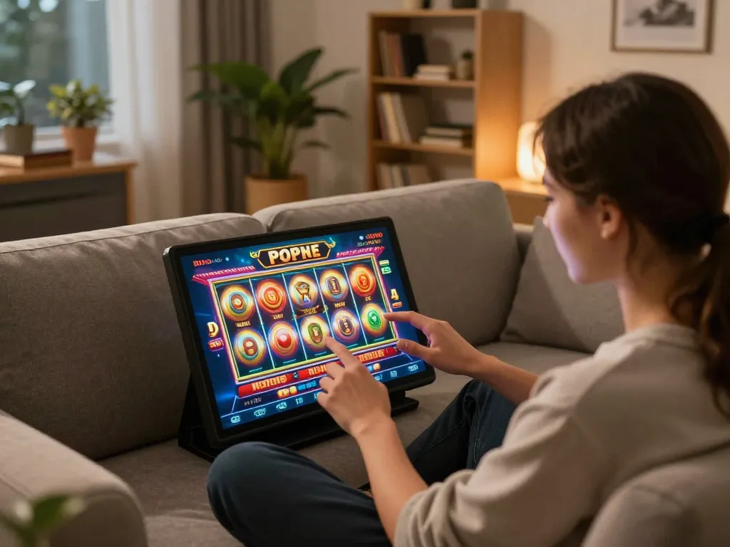 Sunwin user enjoying mobile gaming, excitement palpable as reels spin in online slots.