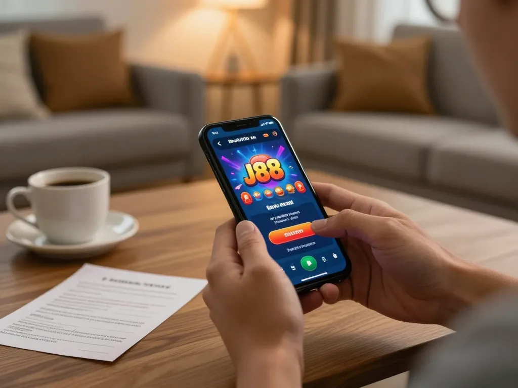Engaging in online gaming with the J88 app on a smartphone in a cozy home setting