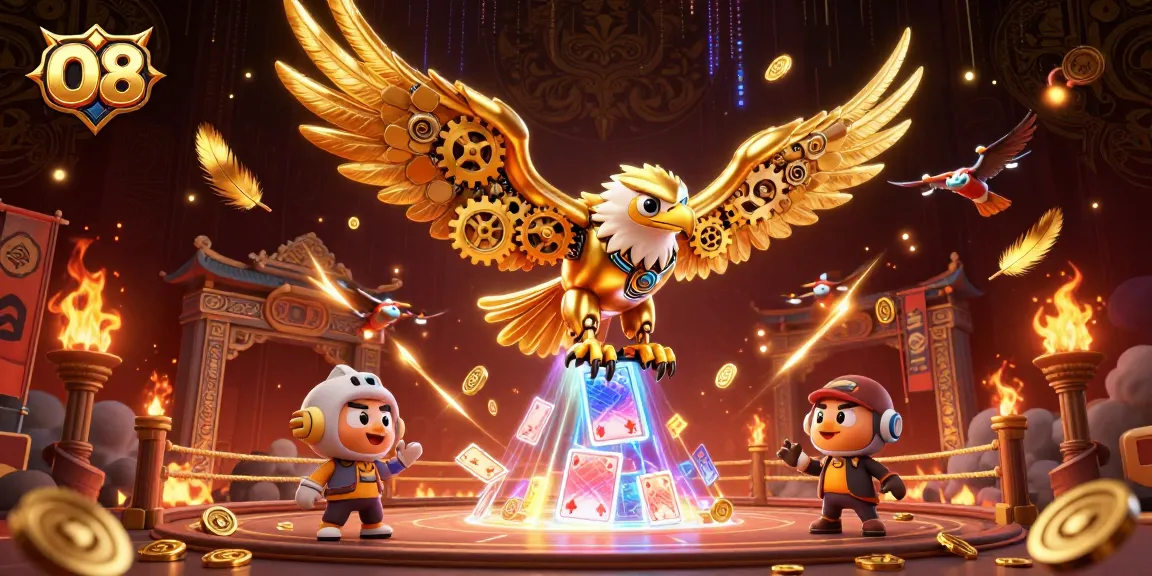 Experience the thrill of O8's golden eagle navigating through holographic cards in this dynamic casino scene.