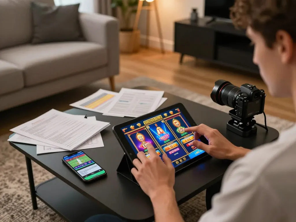 Engaging in SC88 slots gameplay on a tablet in a cozy home setup with strategic notes visible