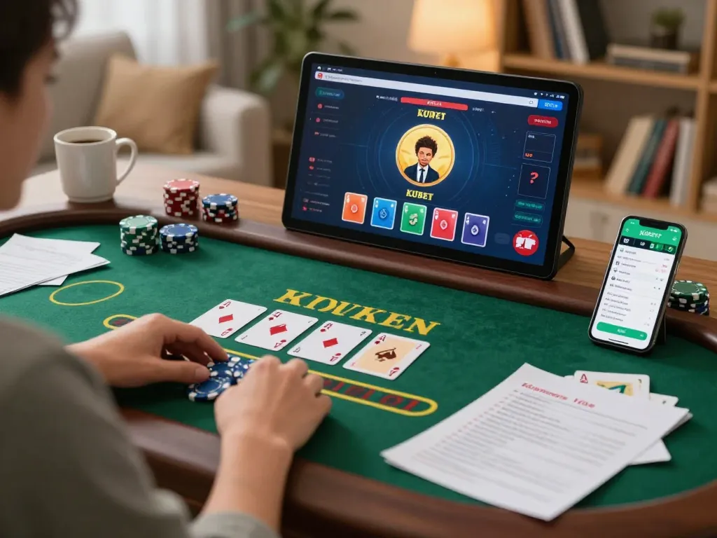 Engaging gameplay of KUBET app in a cozy home setting, showcasing strategic blackjack session.