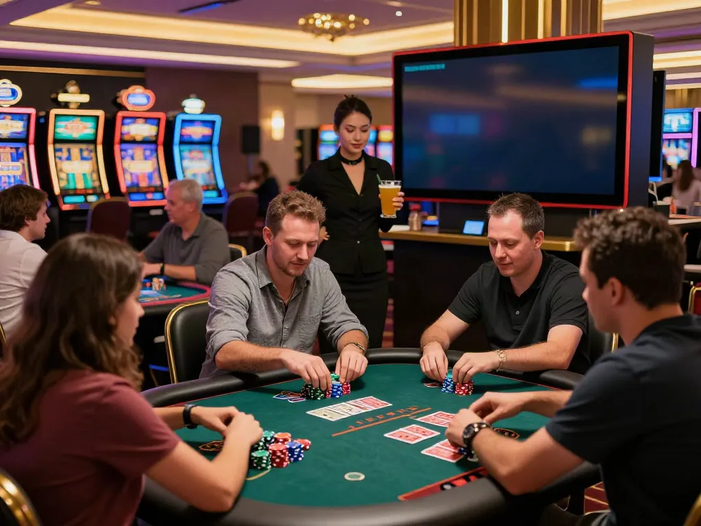 Exciting non gamstop casino scene with diverse players engaging at tables and slot machines