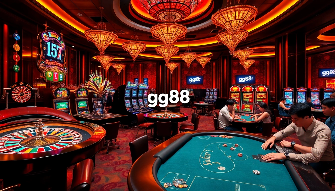 Experience the thrill of gambling at GG88's luxurious casino, showcasing roulette wheels and slot machines.