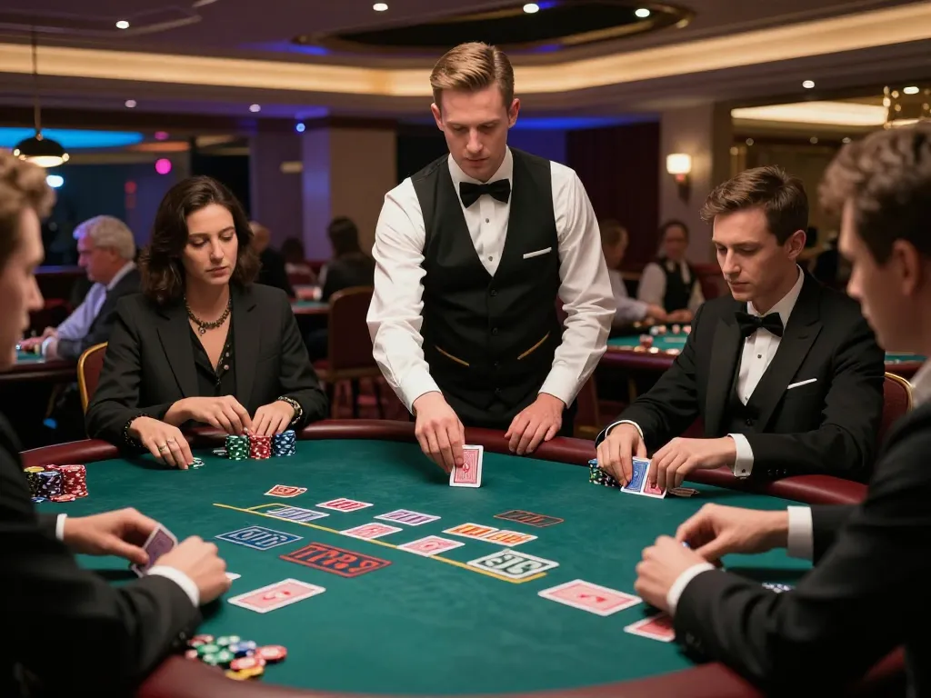 Players strategizing at TR88 blackjack table in upscale casino environment