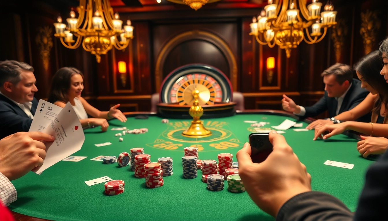Players engage in a thrilling poker game at a ta88 casino table, surrounded by chips and excitement.