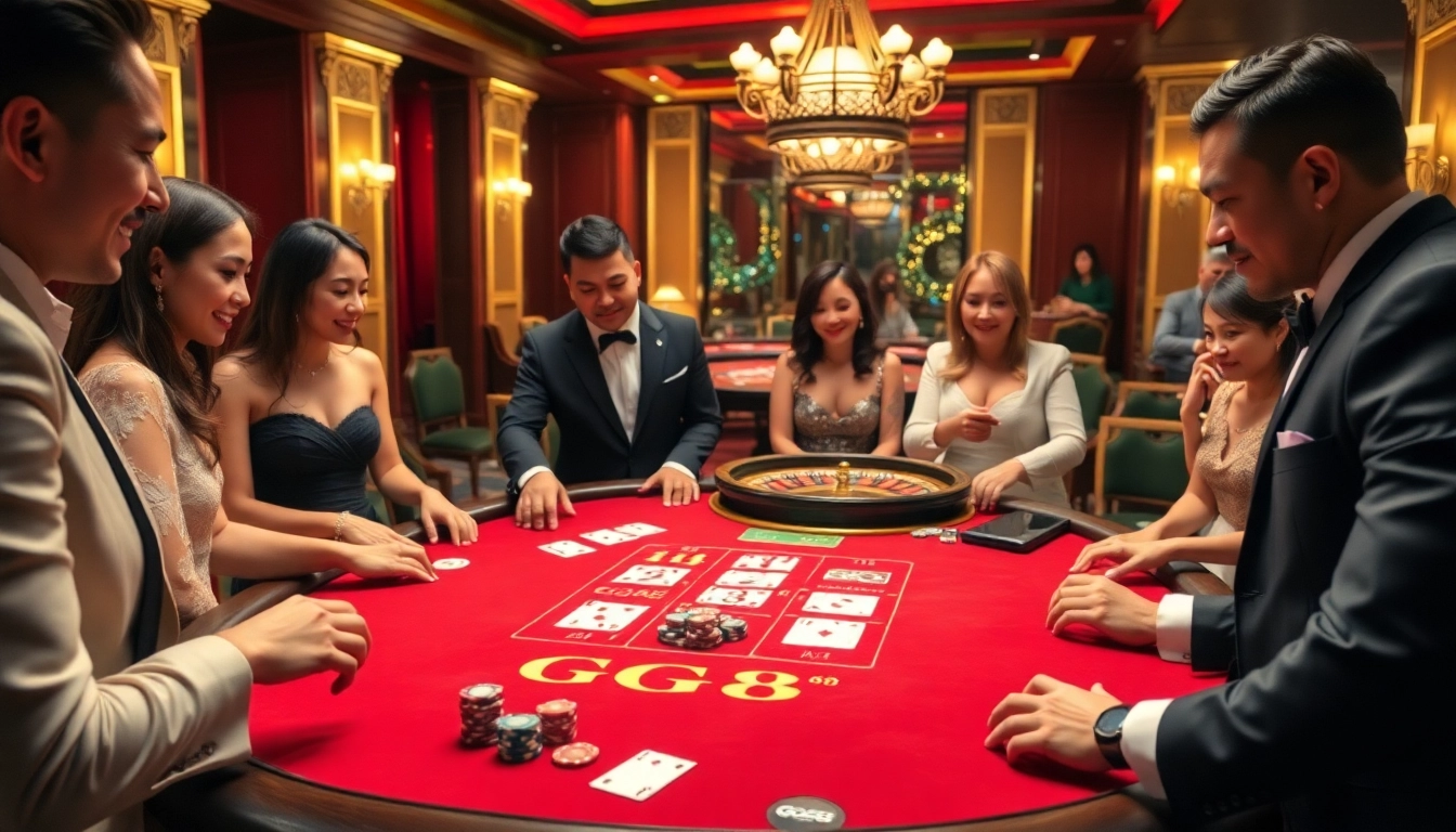 Players enjoying a GG88 blackjack game at a luxurious casino table surrounded by excitement.