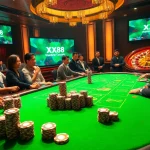 Experience the thrill of the casino with poker players at https://xx88.se.net/, showcasing vibrant chips and excitement.
