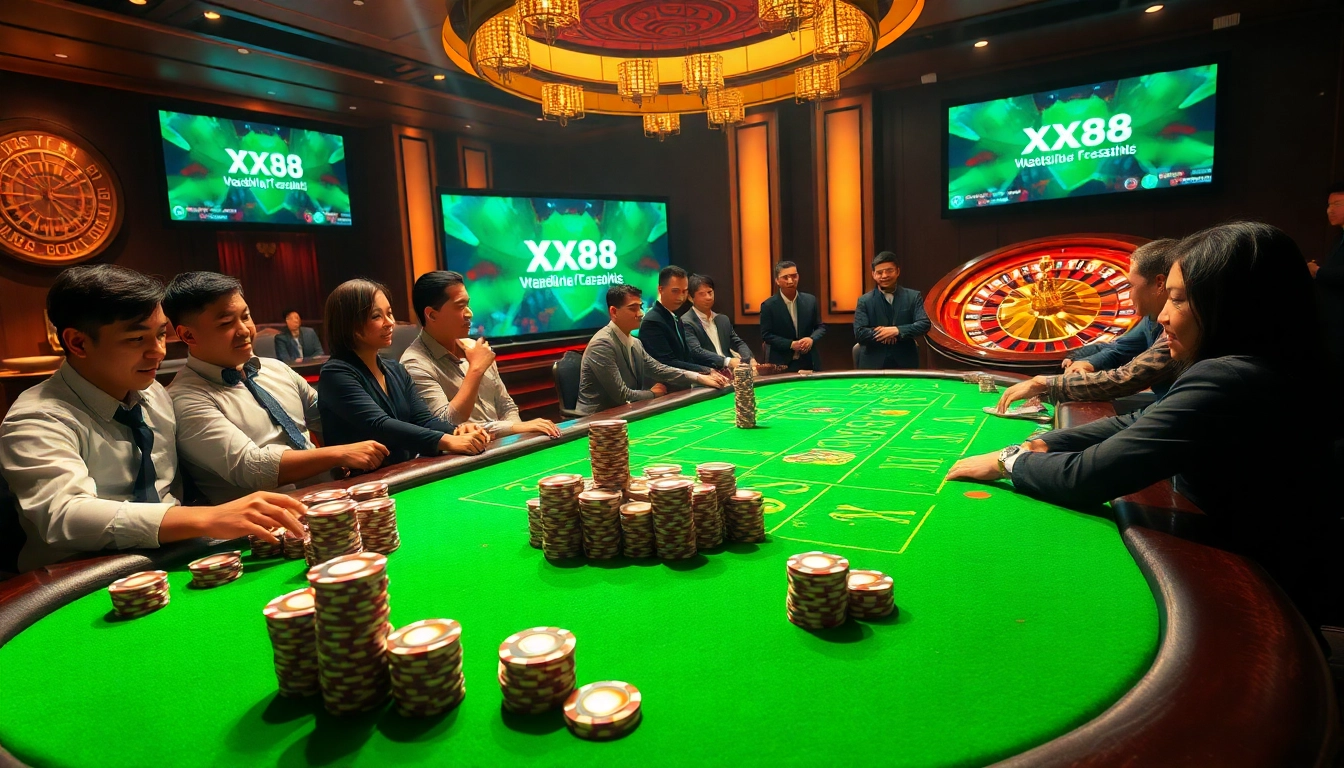 Experience the thrill of the casino with poker players at https://xx88.se.net/, showcasing vibrant chips and excitement.