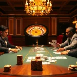 Experience a thrilling moment in a luxurious casino focusing on the '13 win' excitement with poker and roulette.