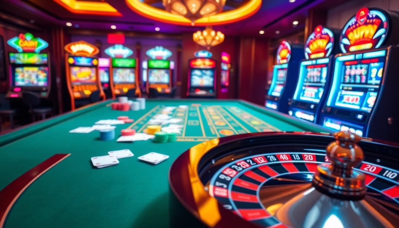 Experience excitement at uu88 with a vibrant casino scene featuring poker chips, roulette, and slot machines.