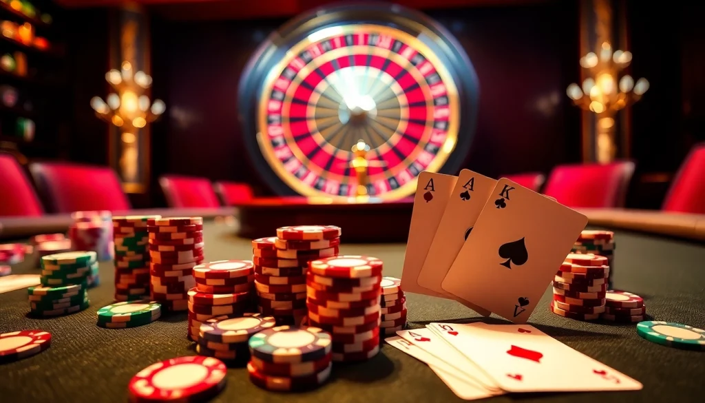 Engaging scene of a casino with poker chips and cards reflecting the excitement of go 99 gambling.