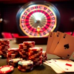 Engaging scene of a casino with poker chips and cards reflecting the excitement of go 99 gambling.