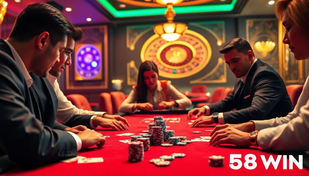 Players engaged in a thrilling poker game at 58WIN, showcasing immersive casino excitement and strategic play.