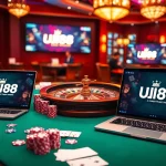 Players enjoying their experience at https://uu88vip.sa.com/ with poker chips and a roulette wheel in a vibrant casino setting.