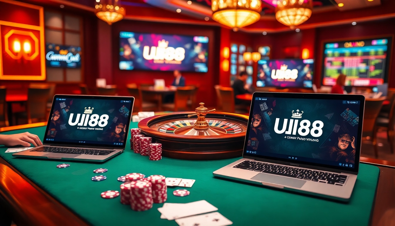 Players enjoying their experience at https://uu88vip.sa.com/ with poker chips and a roulette wheel in a vibrant casino setting.