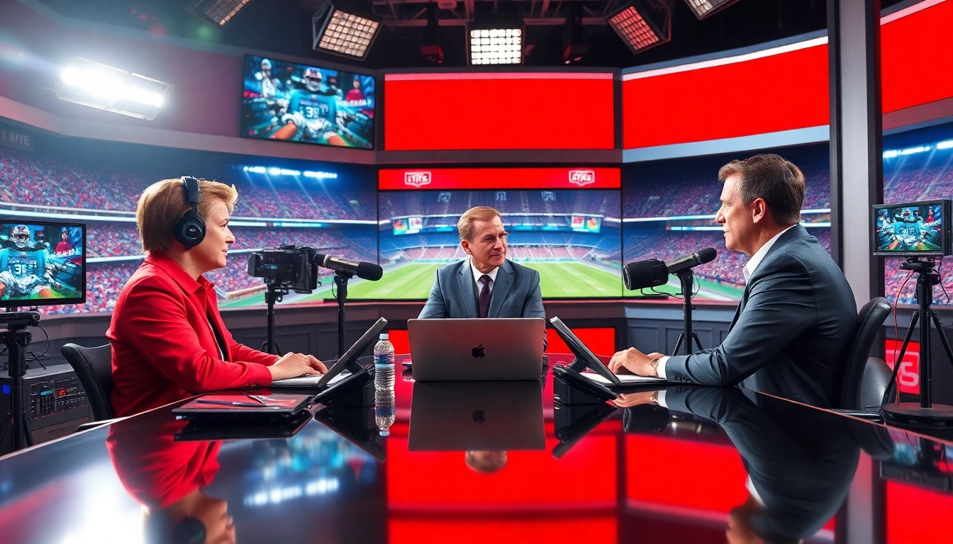 Captivating scene of live sports broadcasting with hosts engaging audiences in Sports Broadcasting.