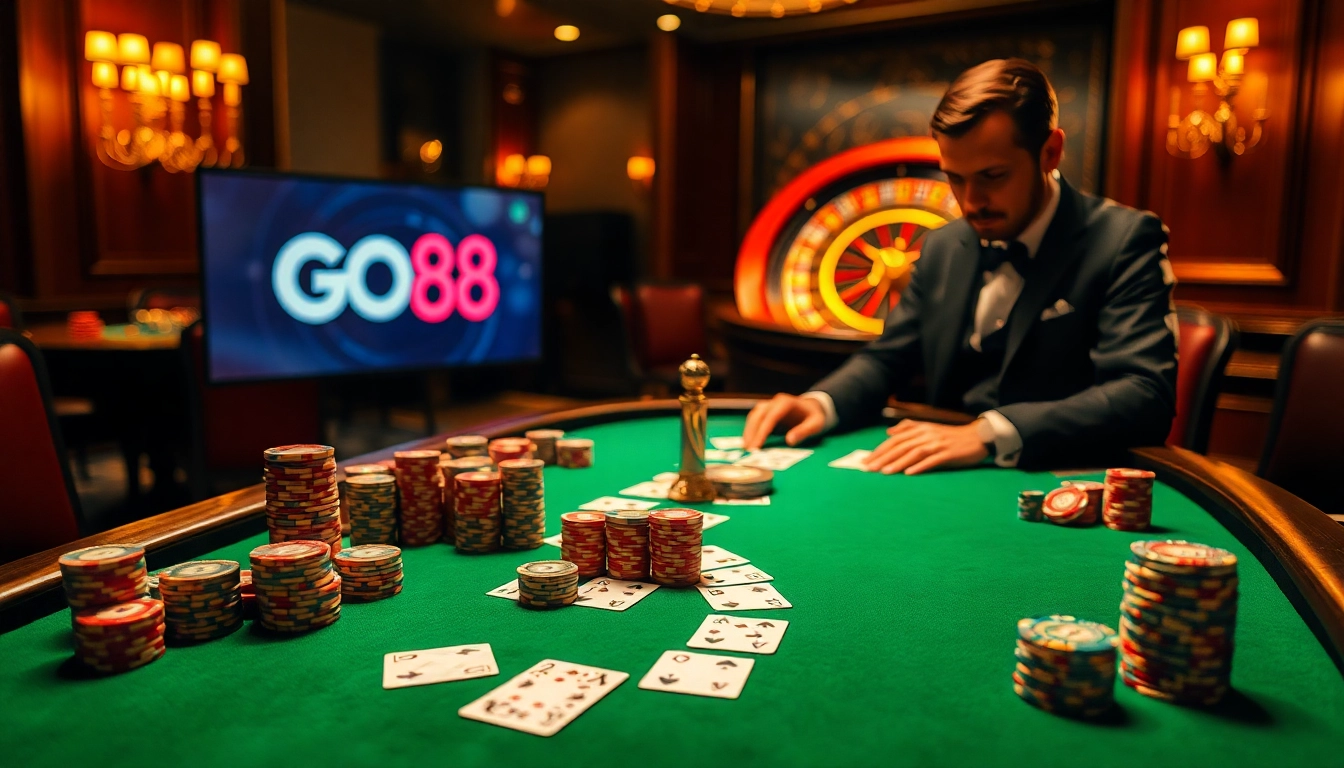 Go88 poker table filled with exciting casino elements for online gambling experiences.