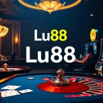 Experience the excitement of Lu88 with poker chips and gaming tables in a luxurious casino atmosphere.