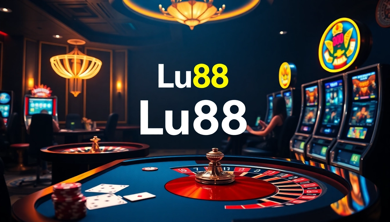 Experience the excitement of Lu88 with poker chips and gaming tables in a luxurious casino atmosphere.