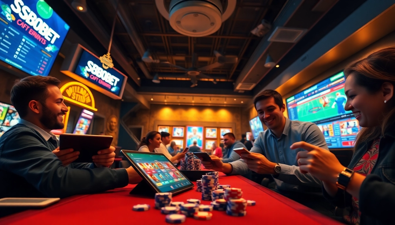 SBOBET.dance provides a dynamic online betting experience, showcasing users engaged in poker and live sports betting.