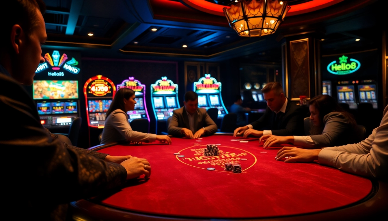 Action-packed poker game at Hello88 casino, showcasing players strategizing over chips and cards.