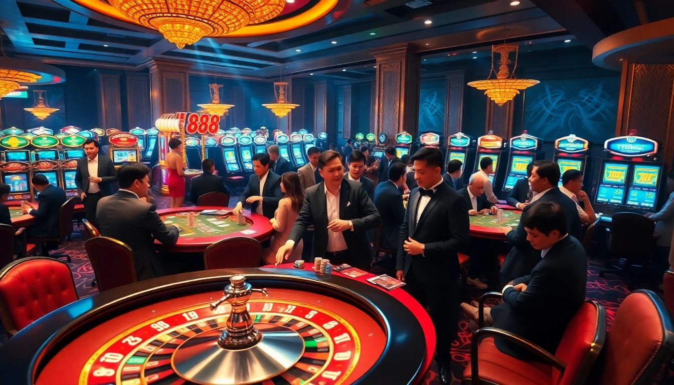 Players enjoying poker games and roulette at HB88 casino, vibrant atmosphere with luxury decor.