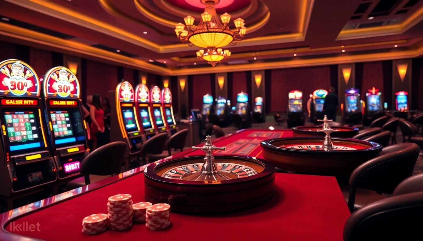 Experience thrilling gameplay with 8kbet in a vibrant casino setting filled with slot machines and poker chips.