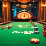 Exciting Go99 casino scene showcasing high-stakes poker chips and sleek roulette wheel.