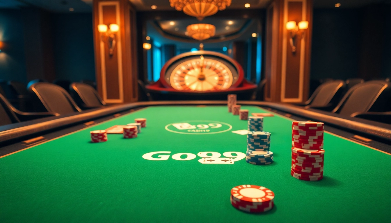 Exciting Go99 casino scene showcasing high-stakes poker chips and sleek roulette wheel.