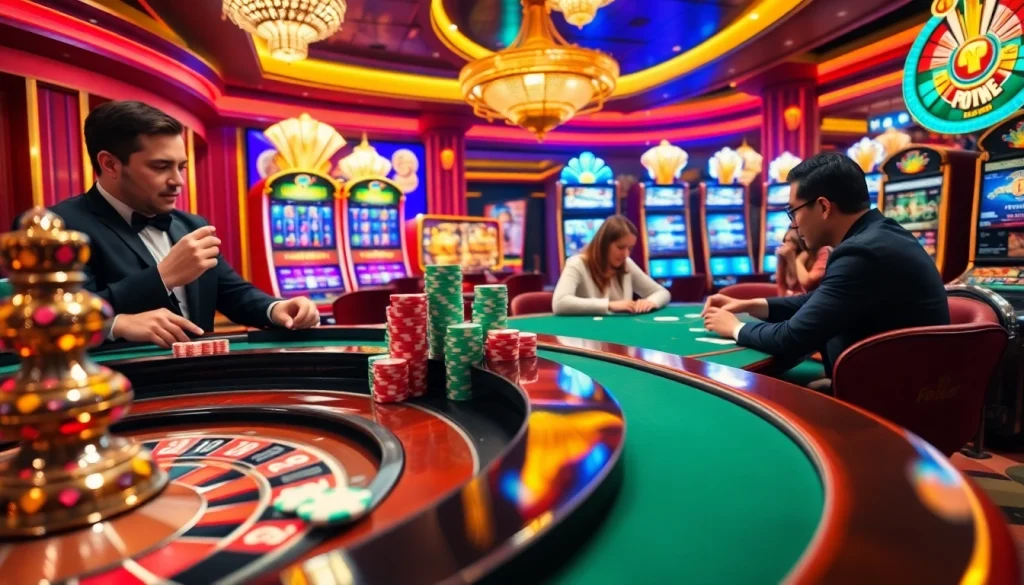 Engage in the thrill of gambling at https://luck8.bid/ with vibrant casino games, poker chips, and roulette action.
