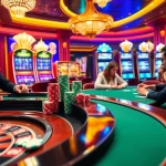 Engage in the thrill of gambling at https://luck8.bid/ with vibrant casino games, poker chips, and roulette action.