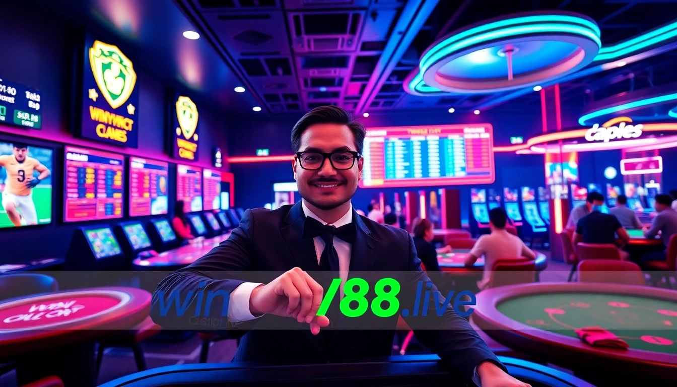 Exciting gaming atmosphere at winvn88.live with vibrant casino and sports betting elements.