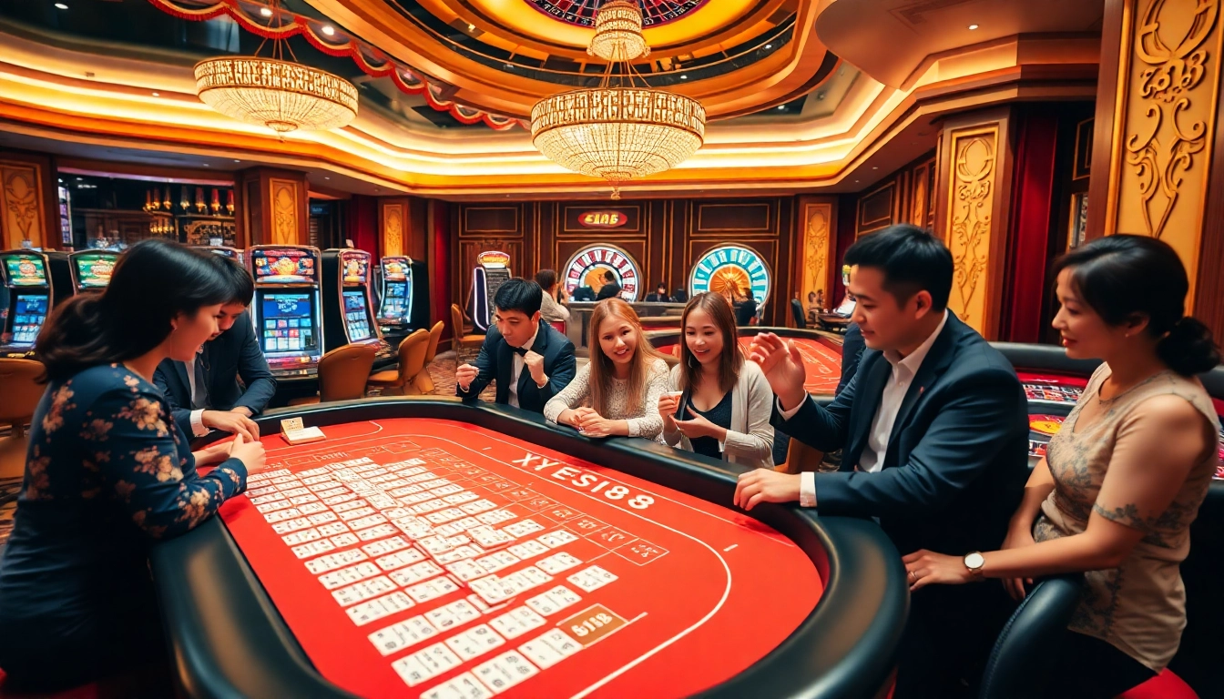 Players enjoying the excitement of xổ số ee88 at a vibrant lottery table in a luxurious casino setting.