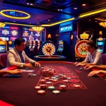 Experience the excitement at OKFUN casino with players engaging in vibrant table games and casino lights.