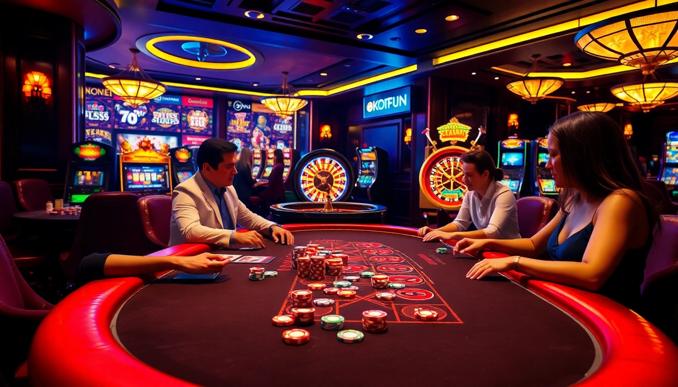 Experience the excitement at OKFUN casino with players engaging in vibrant table games and casino lights.