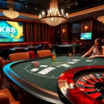 Excited players gather around a luxurious poker table at NK88 casino.