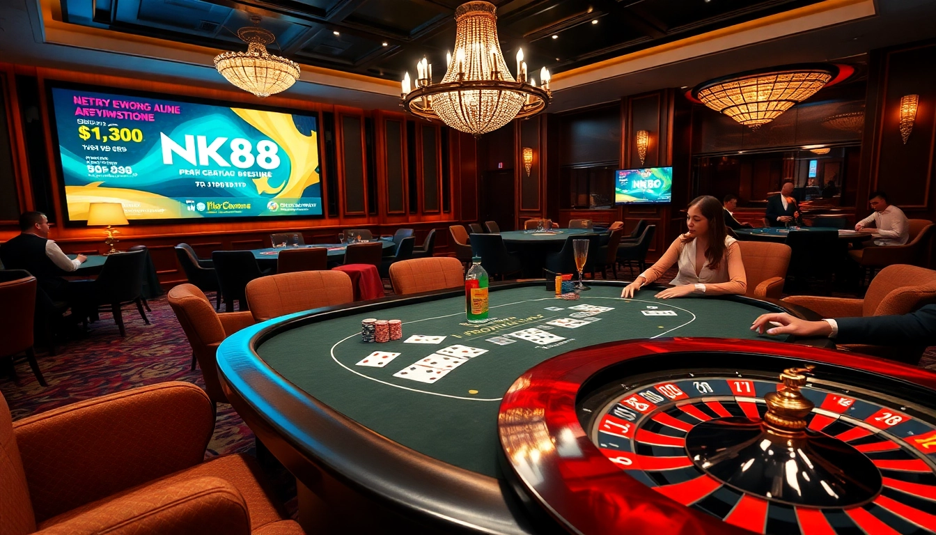 Excited players gather around a luxurious poker table at NK88 casino.