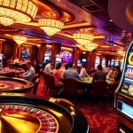 Go8 players celebrating their wins at a vibrant casino table surrounded by colorful chips and machines.