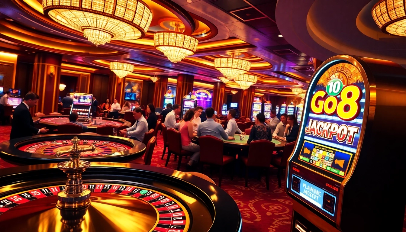 Go8 players celebrating their wins at a vibrant casino table surrounded by colorful chips and machines.