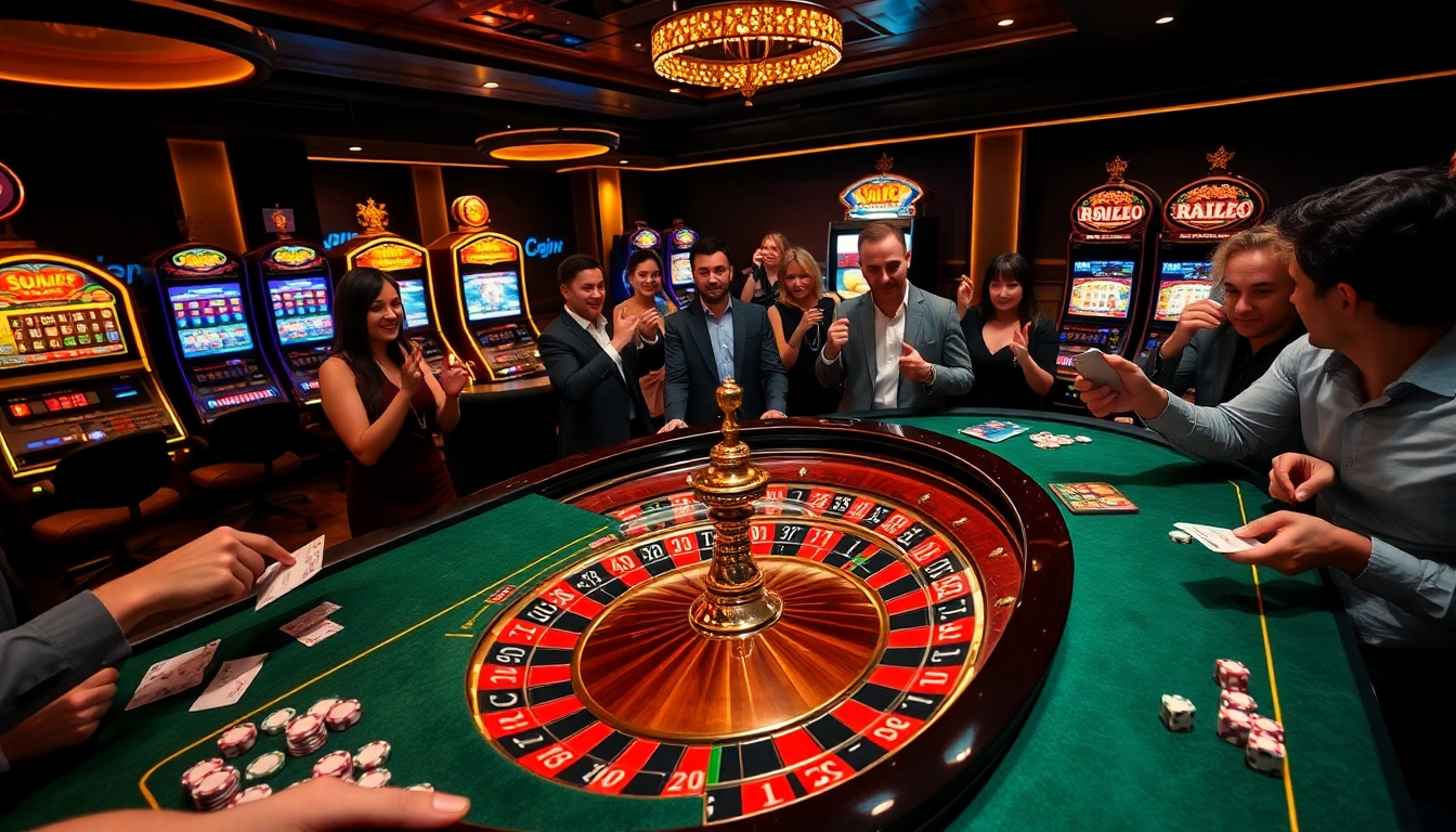 S666 casino scene showcasing luxury, excitement with players engaging at roulette and slot machines.