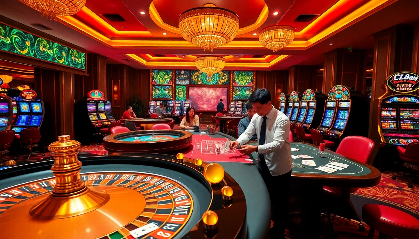 Players enjoying action at Trang chủ NK88 with poker chips and roulette games in a luxurious casino setting.