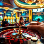 Experience high-stakes gameplay at 8KBET with luxurious casino tables and vibrant slot machines.