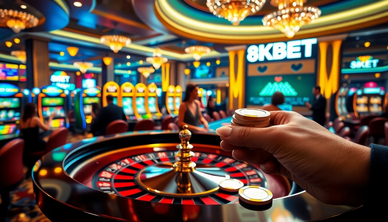 Experience high-stakes gameplay at 8KBET with luxurious casino tables and vibrant slot machines.