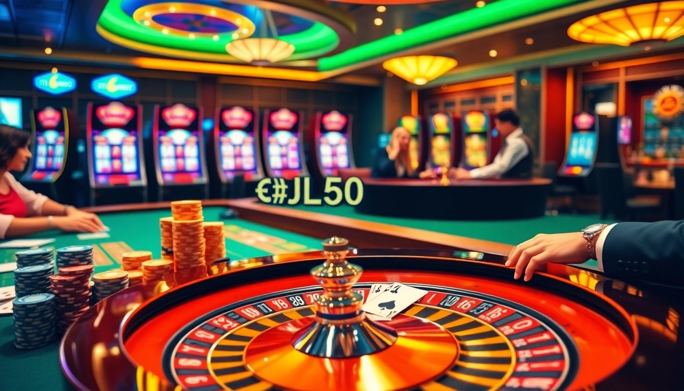 Experience the thrill of play and winning at https://www.jl55.club/ with a colorful casino scene featuring poker and roulette.