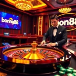 Engage in thrilling games at bong88 with a luxurious casino setup showcasing poker chips and roulette.