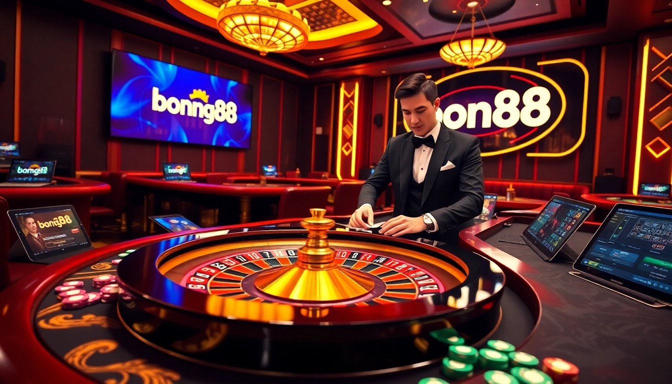 Engage in thrilling games at bong88 with a luxurious casino setup showcasing poker chips and roulette.