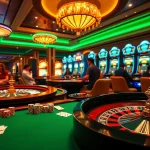 Engaged gamblers enjoy a thrilling atmosphere at a luxurious MB66 casino poker table with vibrant slot machines.