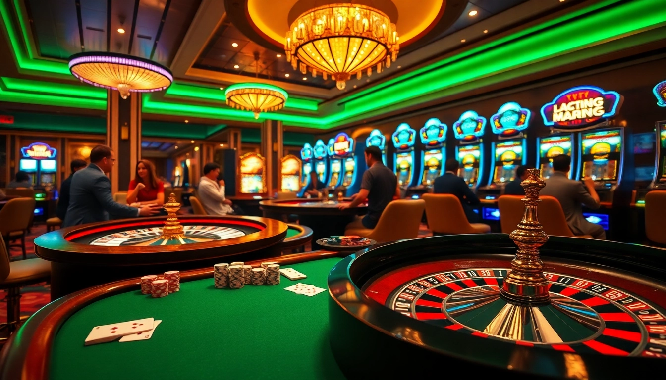 Engaged gamblers enjoy a thrilling atmosphere at a luxurious MB66 casino poker table with vibrant slot machines.