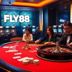 FLY88 players enjoying high-stakes poker in a luxurious casino setting, highlighting excitement and professionalism.